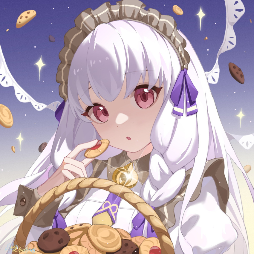 1girl :o artist_name basket commentary cookie dress fire_emblem fire_emblem:_three_houses fire_emblem_heroes food hair_ribbon highres long_hair looking_at_viewer lysithea_von_ordelia lysithea_von_ordelia_(tea_party) maid_headdress official_alternate_costume pink_eyes purple_ribbon ribbon solo tzzis white_dress white_hair