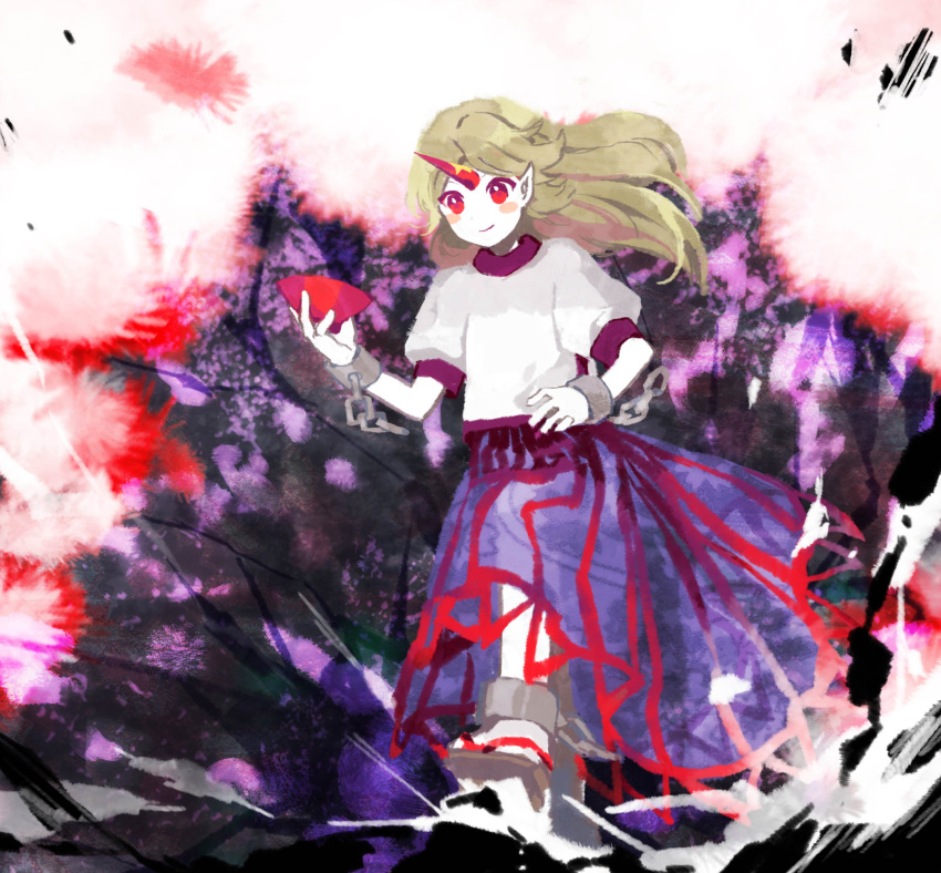 1girl blonde_hair blue_skirt blush_stickers bowl chain closed_mouth commentary_request cuffs flat_chest full_body geta highres holding holding_bowl horns hoshiguma_yuugi kaigen_1025 long_hair pale_skin pointy_ears puffy_short_sleeves puffy_sleeves red_eyes red_horns see-through see-through_skirt shackles shirt short_sleeves single_horn skirt smile solo striped striped_skirt touhou walking white_shirt