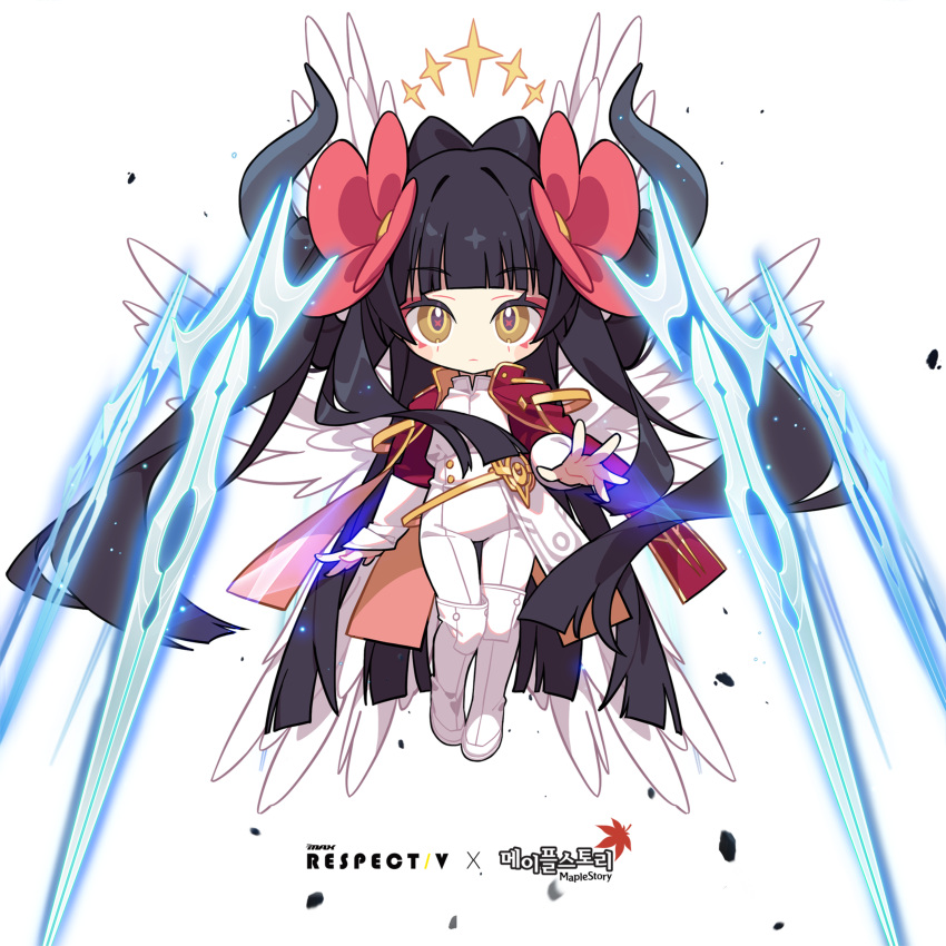 +_+ 1girl absurdres black_hair chibi closed_mouth demon_horns diein_(djmax) djmax feathered_wings floating floating_object floating_weapon flower hair_flower hair_ornament halo highres horns mamo_c maplestory non-web_source red_flower solo sword weapon white_wings wings yellow_eyes