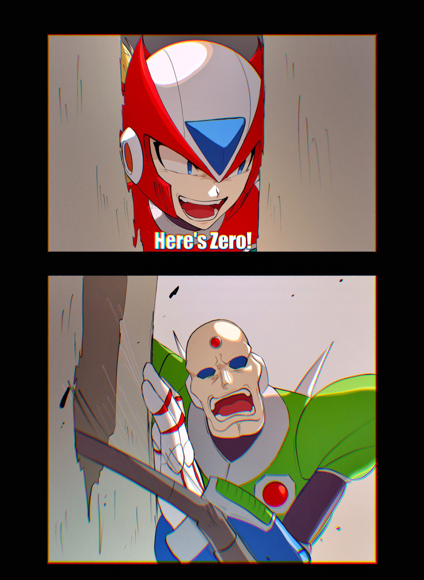 2boys absurdres android bald blonde_hair blue_eyes blue_sclera colored_sclera comedy commentary english_commentary english_text helmet here's_johnny!_(meme) highres impact_(font) industrial_pipe male_focus mega_man_(series) mega_man_x4 mega_man_x_(series) meme multiple_boys scared sigma_(mega_man) tanewiii the_shining upper_body zero_(mega_man)