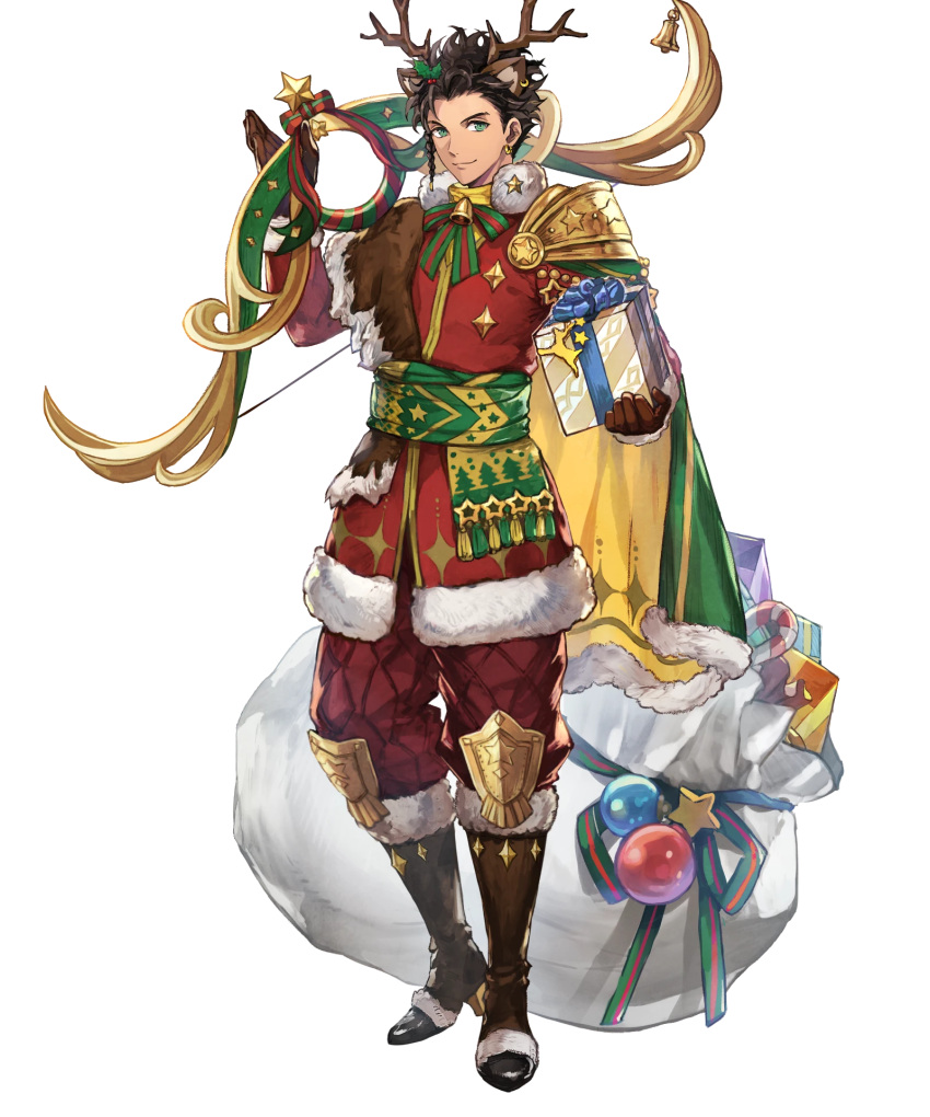 1boy animal_costume animal_ears antlers bow_(weapon) braid brown_hair cape claude_von_riegan claude_von_riegan(yuletide_schemer) dark-skinned_male dark_skin deer_ears earrings fire_emblem fire_emblem:_three_houses fire_emblem_heroes gift gold_cape green_cape green_eyes highres holding holding_bow_(weapon) holding_gift holding_weapon jewelry looking_at_viewer multicolored_cape multicolored_clothes nijihayashi non-web_source official_alternate_costume official_art reindeer_antlers reindeer_costume sack single_braid smile solo weapon
