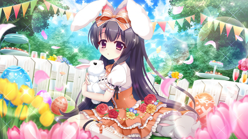 1girl animal_ears black_hair blue_flower blue_sky blurry blurry_foreground bow breasts chocolate clouds corset cup day dot_nose dress drinking_glass dutch_angle easter_egg egg fake_animal_ears fence film_grain flower food game_cg hair_bow heart holding_rabbit ichikishima_mizuha izumi_tsubasu large_bow lens_flare long_hair macaron medium_breasts non-web_source official_art orange_bow orange_corset orange_skirt outdoors parted_lips picket_fence pink_flower pink_petals pink_tulip puffy_short_sleeves puffy_sleeves rabbit_ears re:stage! red_flower red_rose rose round_table short_sleeves sitting skirt sky solo sparkle straight_hair string_of_flags table tablecloth tiered_tray tree tulip violet_eyes wariza white_dress white_flower white_rabbit_(animal) wooden_fence yellow_flower yellow_tulip