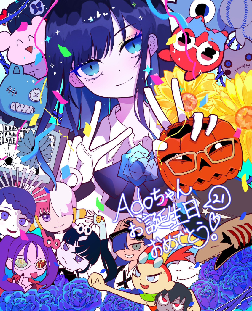 6+girls ado_(utaite) black_bow black_bowtie black_hair blue_eyes blue_flower blue_hair blue_rose bow bowtie braid braided_bangs chando_(ado) clenched_hand clenched_teeth closed_mouth cloud_nine_inc collared_shirt commentary double_v dress_shirt flower flower_brooch gira_gira gloves hair_over_one_eye hair_rings hayakawasakushiido head_tilt highres long_hair looking_at_viewer merry_(readymade) mole mole_under_eye multicolored_hair multiple_girls naima_(usseewa) odo_(song) one_piece one_piece_film:_red ponytail readymade rebellion_(ado) redhead rose shirt sidelocks smile split-color_hair sunglasses teeth translated two-tone_hair usseewa uta_(one_piece) utaite v violet_eyes white_gloves white_hair white_shirt