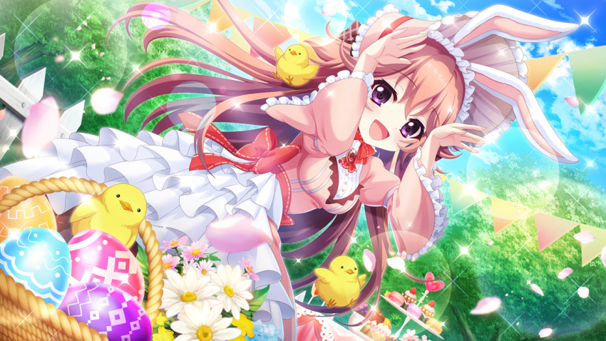 1girl animal_ears apple back_bow basket bird blue_flower blue_sky bonnet bow breasts chick clouds cupcake day dress dutch_angle easter easter_egg egg fake_animal_ears falling_petals fence film_grain flower food fruit game_cg gem grapes haeno_akari izumi_tsubasu layered_skirt lens_flare macaron medium_breasts non-web_source official_art outdoors petals pineapple pink_dress pink_flower rabbit_ears rabbit_pose re:stage! red_bow red_brooch red_gemstone skirt sky solo sparkle strawberry string_of_flags tiered_tray tree violet_eyes white_fence white_flower white_skirt wicker_basket wooden_fence