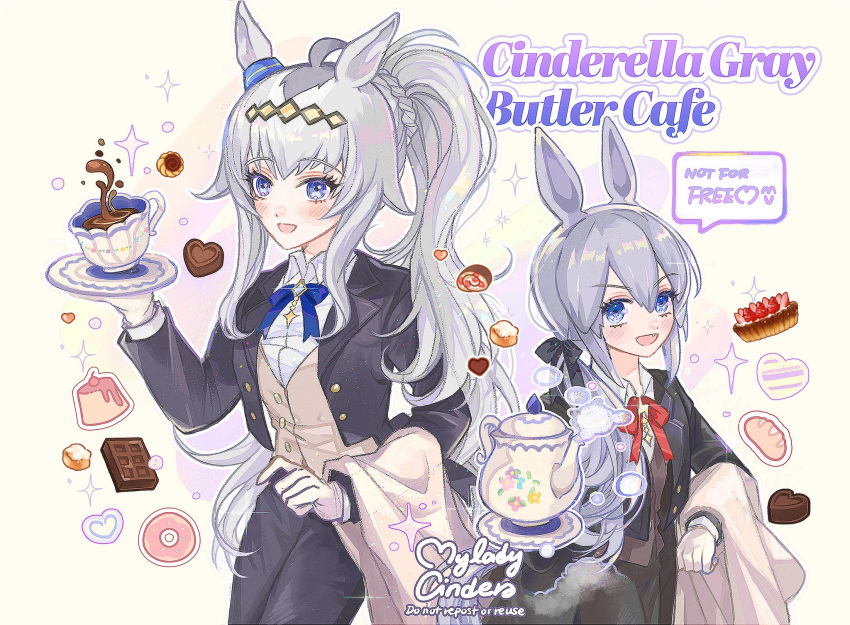 2girls ahoge animal_ears black_jacket black_pants blue_eyes blush bow bowtie bread brown_vest cake cherrydeswa chocolate collared_shirt cookie cup english_text fang food glint gloves grey_hair highres holding holding_tray horse_ears jacket long_hair long_sleeves multiple_girls oguri_cap_(umamusume) open_clothes open_jacket open_mouth pants ponytail puddle shirt signature simple_background smile speech_bubble standing steam swiss_roll tamamo_cross_(umamusume) tart_(food) teacup teapot towel tray umamusume upper_body vest white_background white_gloves white_hair white_shirt