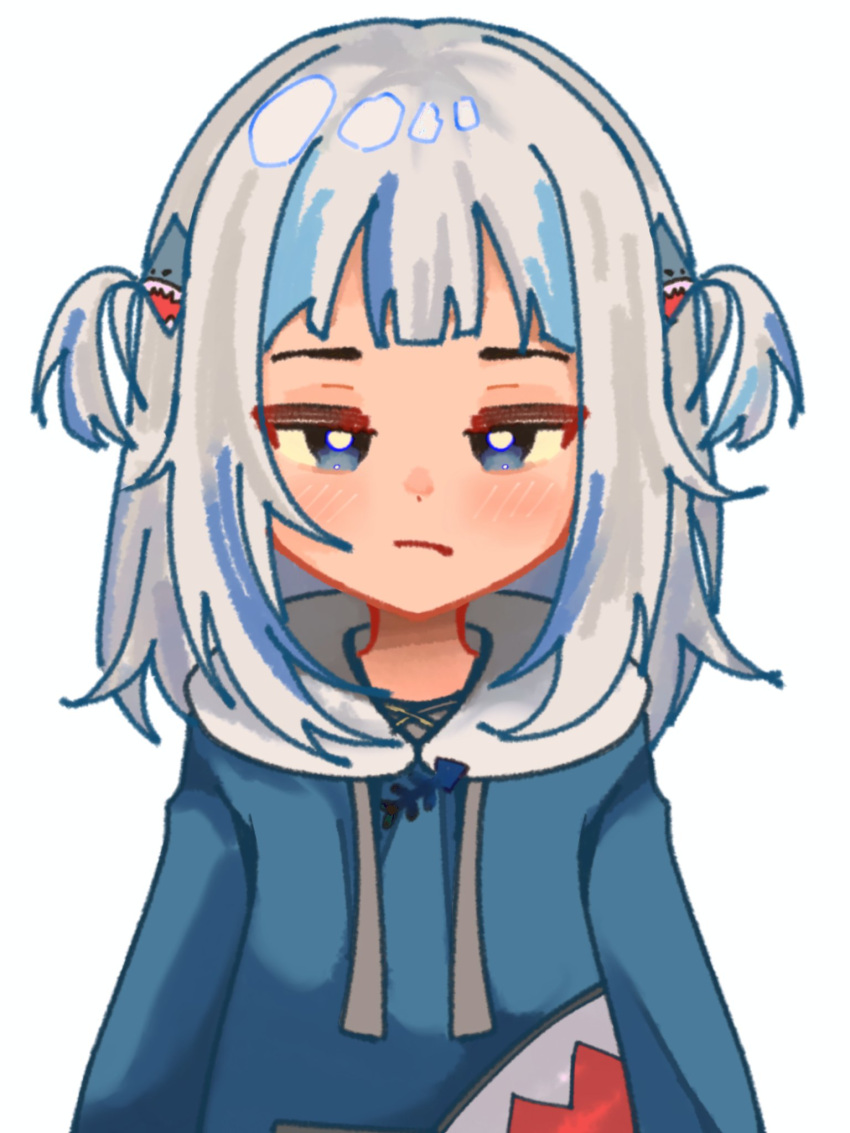 1girl blue_eyes blue_hair blue_hoodie blush closed_mouth commentary drawstring gawr_gura gawr_gura_(1st_costume) grey_hair hair_ornament half-closed_eyes highres hololive hololive_english hood hood_down hoodie looking_at_viewer multicolored_hair selena_(summerainly) shark_hair_ornament simple_background solo streaked_hair two_side_up upper_body virtual_youtuber white_background