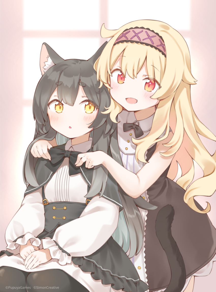 2girls :d adjusting_another's_clothes animal_ear_fluff animal_ears bare_arms black_bow black_bowtie black_hair black_tail blonde_hair blush bow bowtie cat_ears cat_girl cat_tail collared_dress company_name copyright_notice dress frills hairband highres hug hug_from_behind indoors little_witch_nobeta long_hair long_sleeves looking_at_another multiple_girls no_nose nobeta non-web_source official_art open_mouth phyllis_(human)_(little_witch_nobeta) phyllis_(little_witch_nobeta) red_eyes red_hairband sleeveless smile stitched tail very_long_hair yellow_eyes