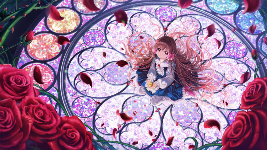 1girl blackletter blue_dress brooch brown_eyes brown_hair circle_skirt collared_shirt compact_(cosmetics) dress flower frilled_shirt frills from_above full_body gem goldia_die_heilige hair_spread_out highres holding_compact jewelry long_hair long_sleeves official_art petals pinafore_dress pocket_mirror red_gemstone ribbon_hair_ornament rose shirt sitting sleeveless sleeveless_dress solo stained_glass white_shirt