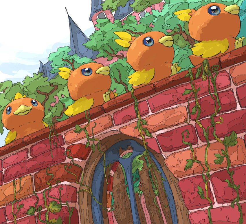 aomon_(yuuji7604) beak blue_eyes brick_wall castle feathers highres no_humans orange_feathers outdoors plant pokemon pokemon_(creature) torchic tree vines walking yellow_feathers