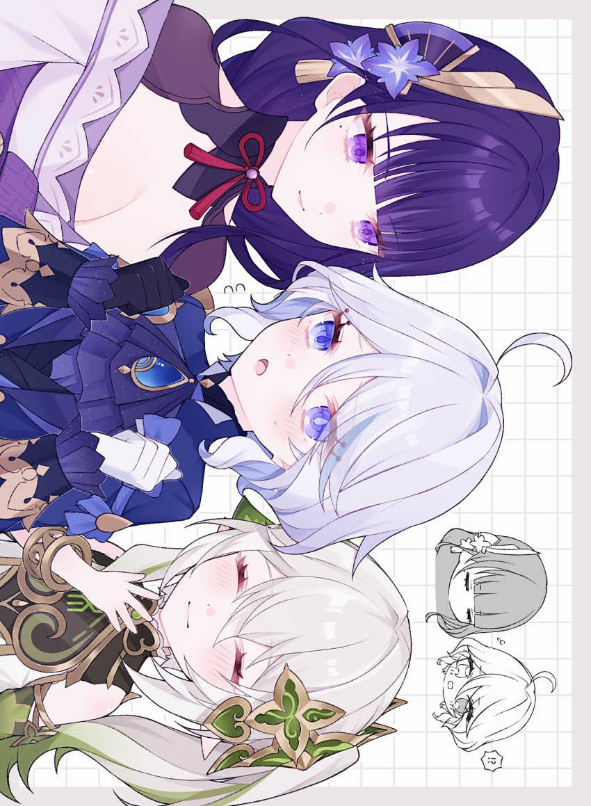 3girls ahoge ascot asymmetrical_gloves black_gloves blue_brooch blue_hair blush breasts closed_eyes closed_mouth furina_(genshin_impact) genshin_impact gloves hair_between_eyes highres light_blue_hair looking_at_another mismatched_gloves mo0u6 mole mole_under_eye multicolored_hair multiple_girls nahida_(genshin_impact) open_mouth purple_hair raiden_shogun short_hair small_breasts smile streaked_hair two-tone_hair upper_body violet_eyes white_gloves white_hair