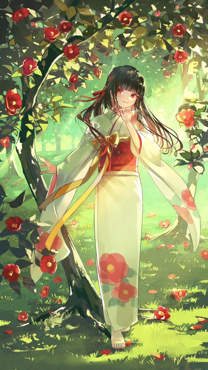 1girl absurdres barefoot black_hair blunt_bangs colored_inner_hair commentary_request feet forest grass hair_ribbon highres japanese_clothes kimono light_blush long_hair long_sleeves mole mole_under_mouth multicolored_hair nail_polish nature obi obiage obijime original outdoors red_eyes red_nails red_ribbon redhead ribbon sash scenery solo toenail_polish toenails toes toumin_(onemunemu99) two-tone_hair white_kimono wide_sleeves