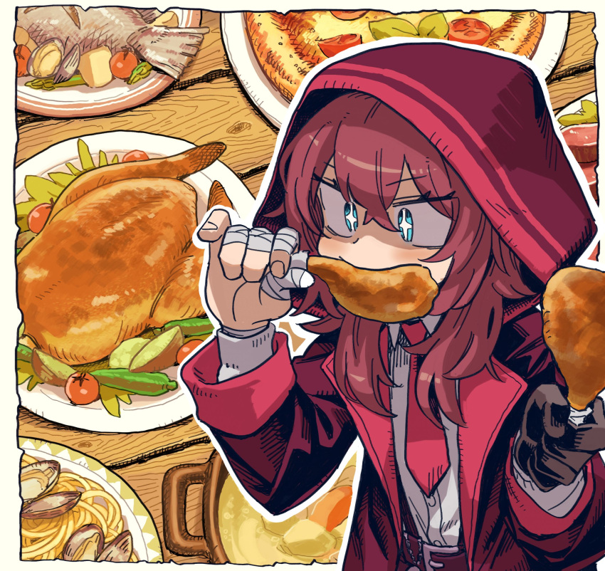1girl bandaged_hand bandages black_gloves blue_eyes blush chicken_(food) chicken_leg coat commission eating fish food gloves hair_between_eyes highres holding holding_food hood hood_up long_hair long_sleeves mizuno_(okn66) necktie open_clothes open_coat original pasta pizza plate red_coat red_necktie redhead shirt single_glove skeb_commission tomato upper_body vegetable white_shirt