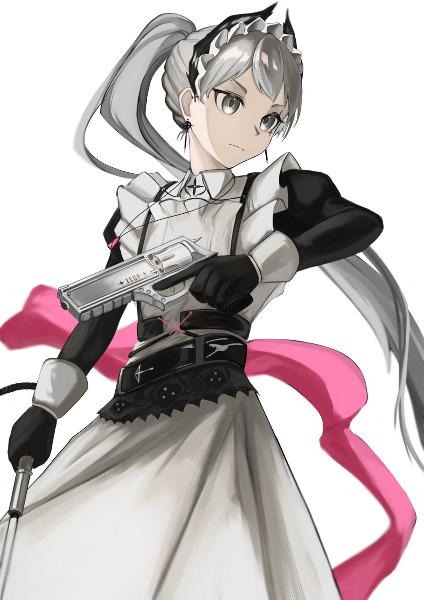 1girl absurdres apron arknights barach black_gloves commentary_request cowboy_shot gloves grey_eyes grey_hair gun handgun highres holding holding_gun holding_weapon irene_(arknights) irene_(voyage_of_feathers)_(arknights) juliet_sleeves long_hair long_sleeves official_alternate_costume pointy_hair puffy_sleeves solo standing very_long_hair weapon white_apron