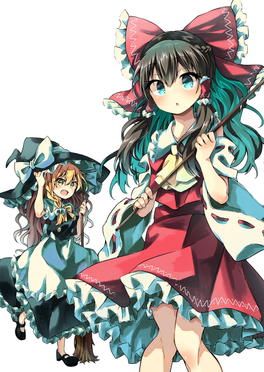 2girls apron ascot black_skirt black_vest blonde_hair blue_eyes blush bow braid broom brown_hair clip_studio_paint_(medium) commentary detached_sleeves fang feet_out_of_frame frilled_bow frilled_hair_tubes frills gohei hair_bow hair_tubes hakurei_reimu hand_on_headwear hat hat_bow highres holding holding_broom holding_gohei kirisame_marisa long_hair looking_at_viewer mary_janes multiple_girls open_mouth red_bow red_skirt ribbon-trimmed_sleeves ribbon_trim seika_okawari shoes short_sleeves side_braid simple_background single_braid skirt skirt_set smile standing touhou vest waist_apron white_background white_bow witch_hat yellow_ascot yellow_eyes