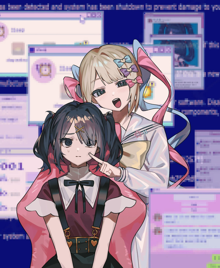 2girls :d ame-chan_(needy_girl_overdose) behind_another black_eyes black_hair black_ribbon black_skirt blonde_hair blue_background blue_bow blue_eyes blue_hair blue_shirt blue_skirt bow chair cheek_poking chouzetsusaikawa_tenshi-chan collared_shirt commentary_request dual_persona gaming_chair hair_bow hair_ornament hair_over_one_eye hair_tie hairclip ham3ter heart heart_hair_ornament highres korean_commentary long_hair long_sleeves looking_at_viewer multicolored_hair multiple_girls neck_ribbon needy_girl_overdose nervous open_mouth pink_bow pink_hair pleated_skirt poking purple_bow quad_tails red_shirt ribbon sailor_collar school_uniform serafuku shirt shirt_tucked_in skirt smile standing suspender_skirt suspenders swivel_chair twintails very_long_hair x_hair_ornament yellow_bow
