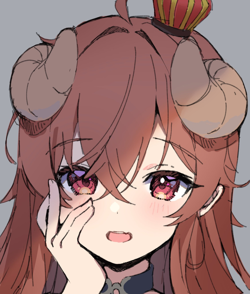 1girl ahoge blush brown_eyes brown_hair close-up commentary_request crossed_bangs crown curled_horns demon_girl demon_horns eyelashes fang grey_background hair_between_eyes hand_on_own_cheek hand_on_own_face hand_up heart heart-shaped_pupils highres horns long_hair looking_at_viewer machikado_mazoku mini_crown nokia_hiyou open_mouth simple_background sketch skin_fang smile solo symbol-shaped_pupils yoshida_yuuko_(machikado_mazoku)