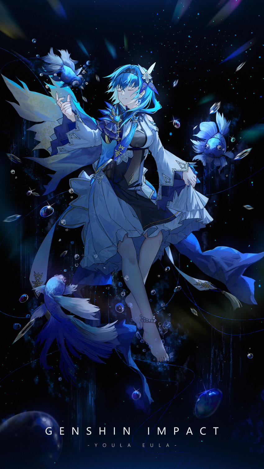 1girl adapted_costume barefoot bead_anklet black_hairband blue_cape blue_hair blue_nails blue_necktie blue_theme breasts cape character_name chest_harness closed_eyes closed_mouth clothing_cutout copyright_name dark_background dress eula_(genshin_impact) facing_to_the_side fish genshin_impact goldfish hair_ornament hairband hand_up harness highres large_breasts light_particles long_sleeves medium_hair midair nail_polish necktie pleated_dress shoulder_cutout side_cape skirt_hold toenail_polish toenails vision_(genshin_impact) white_dress white_sleeves wide_sleeves yuuki_mix
