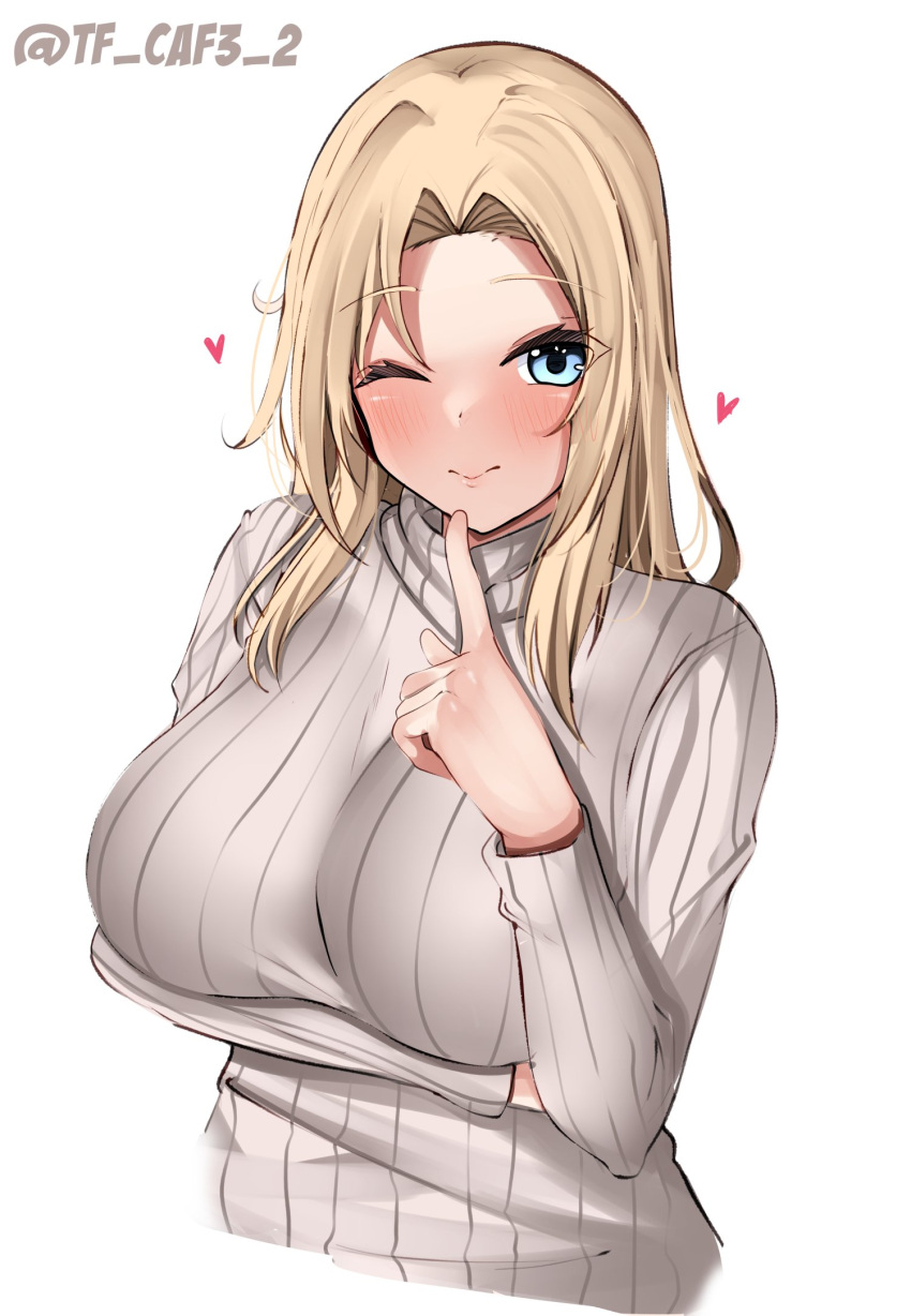 1girl blonde_hair breasts heart highres hornet_(kancolle) kantai_collection large_breasts long_hair long_sleeves one_eye_closed pantyhose ribbed_sweater solo sweater tf_cafe twitter_username upper_body white_background