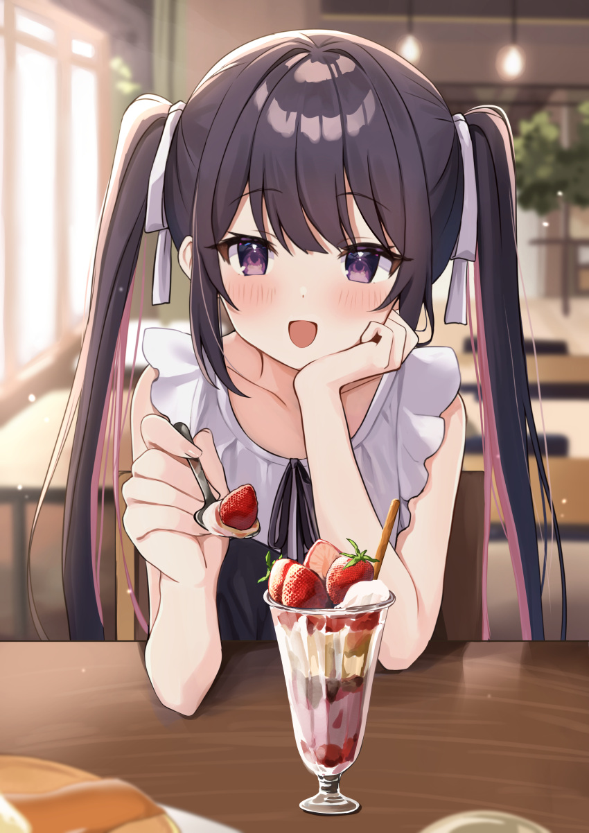 1girl :d absurdres black_hair cafe feeding food fruit hair_ribbon hand_on_own_cheek hand_on_own_face highres holding holding_spoon incoming_food indoors looking_at_viewer okiq original ribbon sleeveless smile solo spoon strawberry strawberry_parfait table twintails violet_eyes white_ribbon window