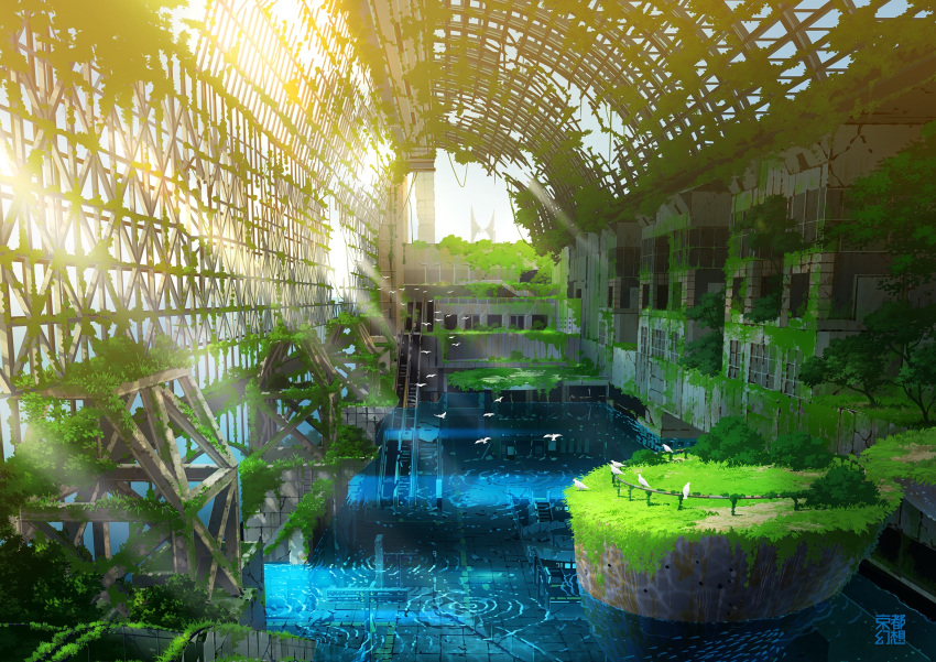 abandoned animal bird commentary_request day dilapidated escalator highres indoors moss no_humans original overgrown post-apocalypse railing ripples ruins rust sunlight tokyogenso tree water