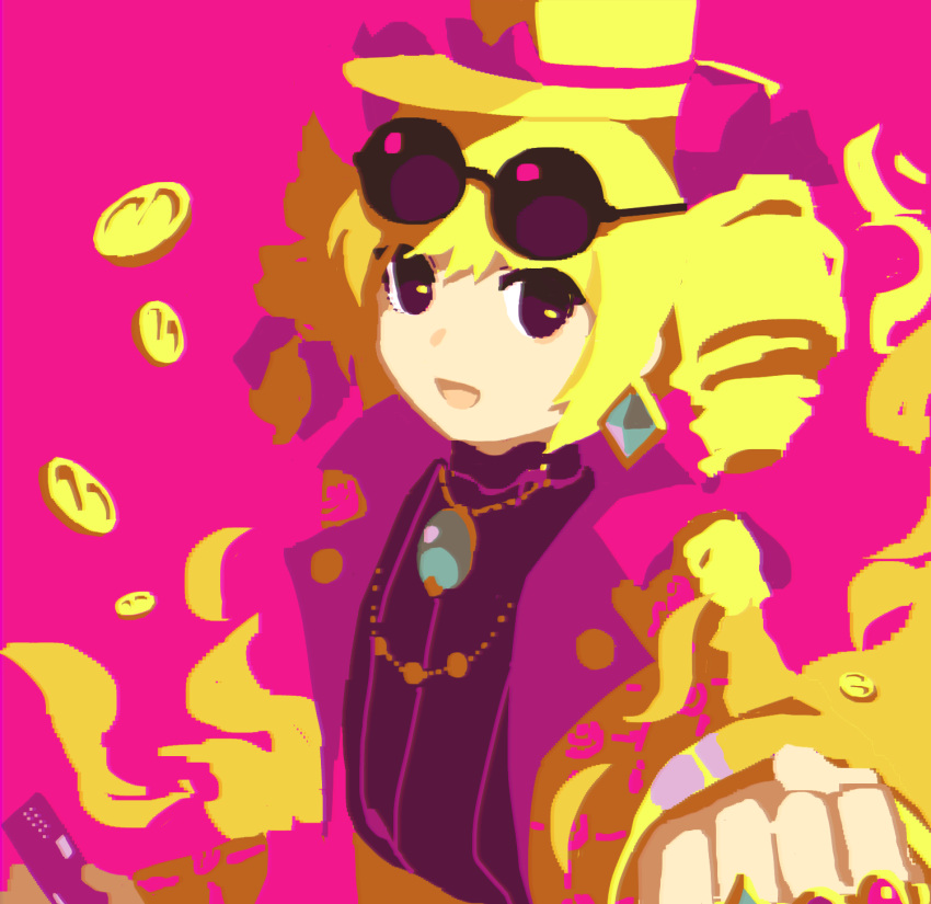 1girl alternate_color blonde_hair coin commentary_request drill_hair earrings eyewear_on_head hat hat_ribbon highres jacket jewelry kaigen_1025 long_sleeves open_clothes open_jacket open_mouth pink_background pink_jacket purple_shirt ribbon shirt simple_background smile sunglasses touhou twin_drills violet_eyes yellow_headwear yorigami_jo'on