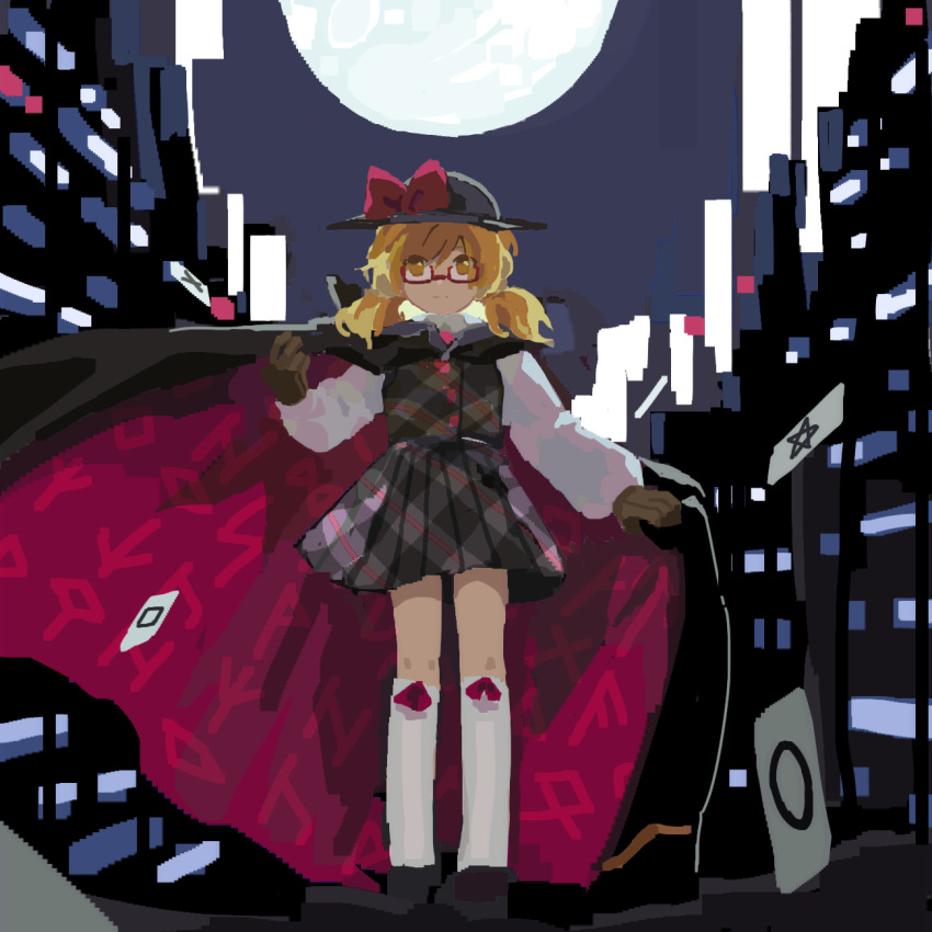 1girl alternate_color black_cape black_headwear black_skirt black_vest blonde_hair bow cape closed_mouth collared_shirt commentary_request flat_chest full_body full_moon hat hat_bow highres kaigen_1025 kneehighs long_sleeves looking_at_viewer miniskirt moon night outdoors plaid plaid_vest pleated_skirt red_bow shirt skirt socks solo touhou twintails two-sided_cape two-sided_fabric usami_sumireko vest white_shirt white_socks yellow_eyes
