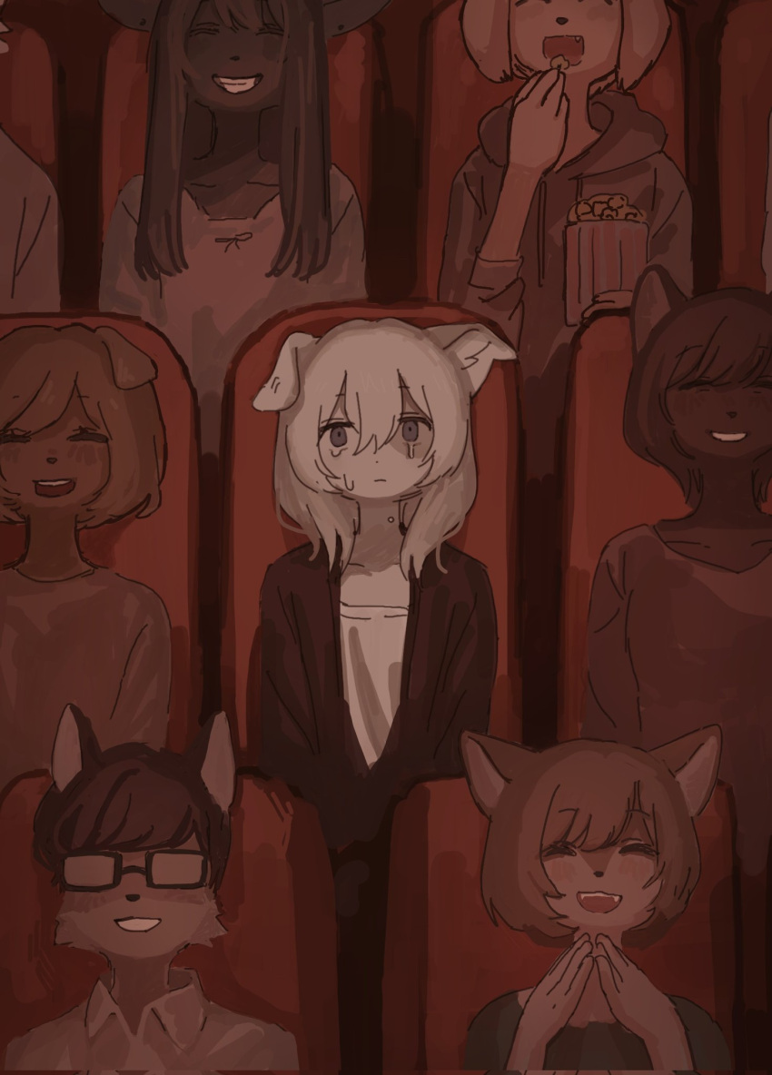 1boy 6+girls ^_^ animal_ears closed_eyes collarbone commentary crying dog_girl eating fang food fox_girl furry furry_female furry_male glasses highres hikousen11 holding holding_food jacket laughing long_hair looking_at_viewer movie_theater multiple_girls original popcorn shirt short_hair sitting smile tears teeth violet_eyes