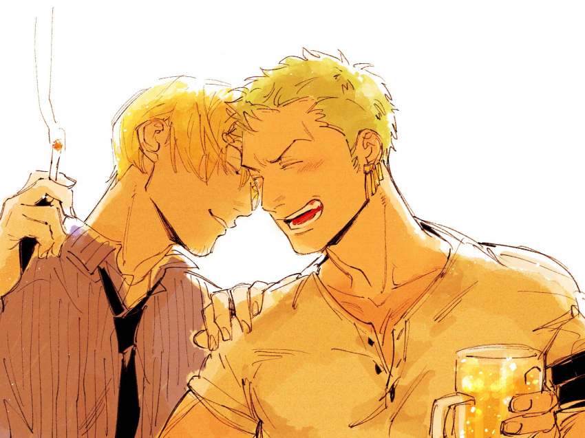 2boys alcohol beard beer beer_mug black_necktie blonde_hair cigarette closed_eyes colored_skin cup earrings facial_hair flustered grabbing_another's_shoulder green_hair highres holding holding_cigarette holding_cup implied_yaoi jewelry kzwtr8 male_focus mature_male mug multiple_boys necktie one_piece roronoa_zoro sanji_(one_piece) shirt short_hair simple_background single_earring smile tan teeth white_background white_shirt white_skin