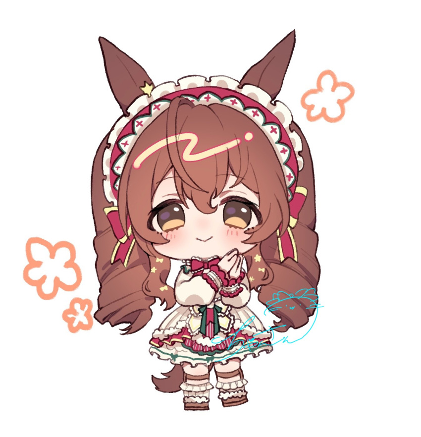 1girl :&gt; animal_ears blush bow brown_eyes brown_hair chan_hone_pkpk chibi closed_mouth commentary_request dress frilled_dress frills green_bow hair_ornament highres horse_ears horse_girl horse_tail long_sleeves looking_at_viewer mejiro_bright_(snowy_lolita_in_a_dazzling_starry_sky)_(umamusume) official_alternate_costume official_alternate_hairstyle own_hands_together red_bow simple_background smile solo tail thigh_strap twintails umamusume white_background