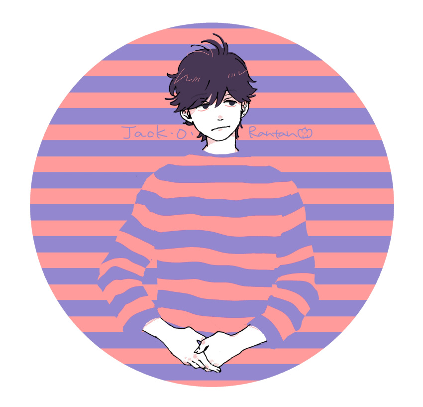 1boy :/ black_eyes black_hair blending border character_name closed_mouth commentary_request cropped_torso expressionless highres jack-o'_ran-tan long_sleeves looking_to_the_side male_focus napoli_no_otokotachi oko_da_yo orange_background orange_sweater own_hands_together purple_background purple_sweater round_image short_hair solo striped striped_background striped_sweater sweater two-tone_background two-tone_sweater white_border