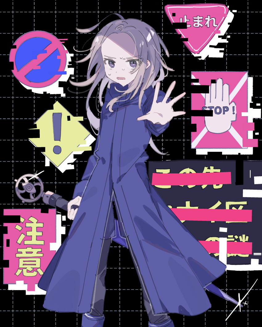 1boy absurdres ahoge black_background black_pants blonde_hair blue_coat blue_footwear censored_text coat commentary_request foreshortening glitch highres holding holding_sword holding_weapon hwr33m long_hair long_sleeves looking_at_viewer makoto_kagutsuchi male_focus master_detective_archives:_rain_code nervous_sweating open_hand open_mouth pants road_sign sign solo sparkle spoilers stop_sign sweat sword translation_request violet_eyes warning_sign weapon