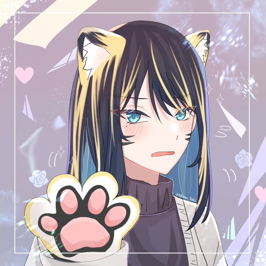 1girl ado_(utaite) animal_ear_fluff animal_ears animal_hands black_sweater blonde_hair blue_eyes blue_hair blush cardigan chando_(ado) chinese_zodiac cloud_nine_inc colored_inner_hair commentary facial_mark gloves hair_between_eyes heart highres kemonomimi_mode long_hair long_sleeves looking_at_viewer multicolored_hair open_mouth paw_gloves purple_background shadow sidelocks solo sparkle streaked_hair sweater tiger_ears tsukuno_tsuki twitter_username upper_body utaite whisker_markings white_cardigan year_of_the_tiger