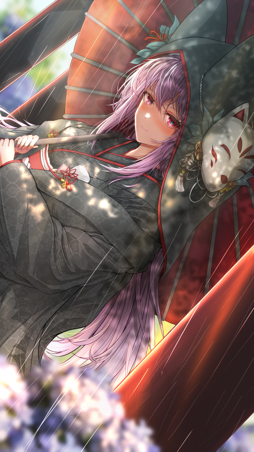 1girl animal_ears blurry blurry_foreground blush closed_mouth depth_of_field fake_animal_ears floral_print fox_mask highres holding holding_umbrella indie_virtual_youtuber japanese_clothes kamishiro_natsume kimono long_hair looking_at_viewer mask noratama-nyan oil-paper_umbrella outdoors perspective purple_hair rain red_eyes sidelocks smile solo umbrella wide_sleeves