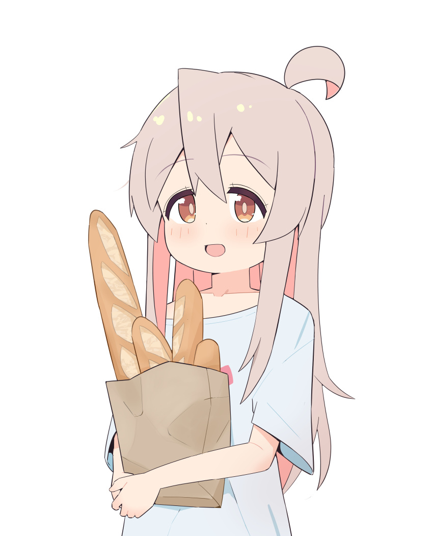 1girl :d absurdres ahoge bag baguette bare_arms bread brown_eyes collarbone colored_inner_hair commentary commission food grey_hair hair_between_eyes highres light_blush long_hair multicolored_hair onii-chan_wa_oshimai! open_mouth oversized_clothes oversized_shirt oyama_mahiro paper_bag pink_hair pixiv_commission shirt short_sleeves simple_background smile solo t-shirt two-tone_hair upper_body white_background white_shirt yama_h15