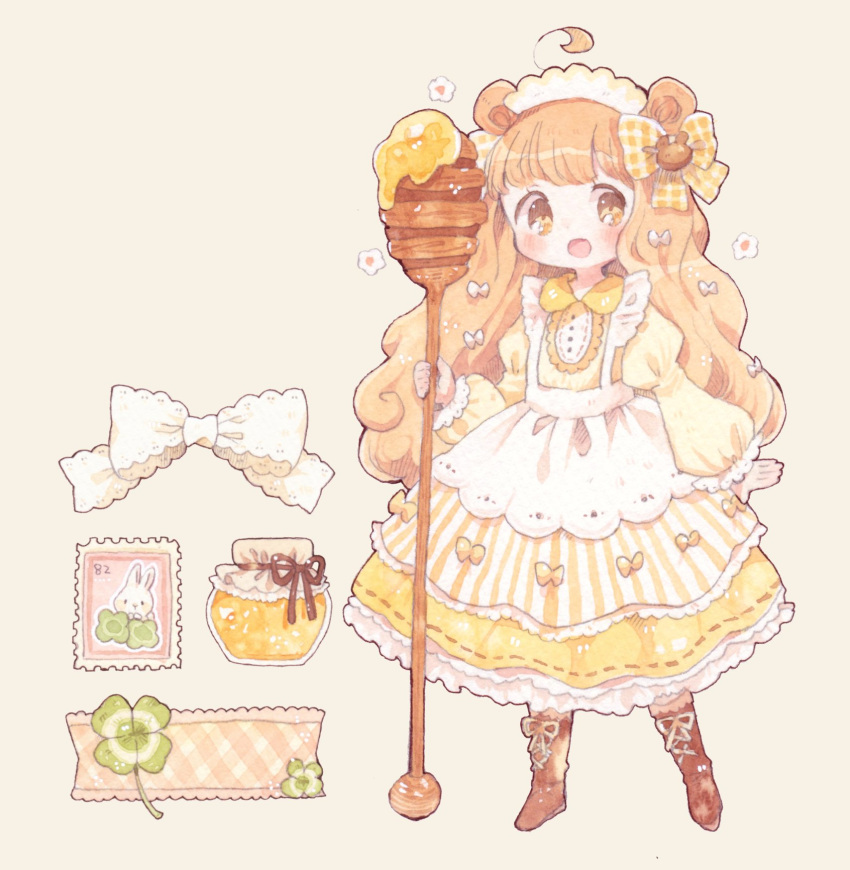 1girl ahoge animal_ears animal_print apron bear_ears bear_girl bear_hair_ornament blonde_hair blunt_bangs blush_stickers boots bow bow_skirt brown_footwear brown_ribbon buttons clover clover_print commentary cross-laced_footwear curly_hair eyelashes flower footwear_ribbon four-leaf_clover frilled_apron frilled_skirt frills full_body hair_bow hair_ornament highres holding holding_spoon honey honey_dipper jar juliet_sleeves lace-trimmed_skirt lace-trimmed_sleeves lace_trim layered_skirt long_hair long_skirt long_sleeves looking_at_viewer mokarooru multiple_hair_bows open_mouth original oversized_object plaid plaid_bow postage_stamp puffy_sleeves rabbit_print ribbon ribbon-trimmed_skirt ribbon_trim shirt simple_background skirt smile solo spoon striped striped_skirt symbol-only_commentary two-tone_skirt vertical-striped_skirt vertical_stripes very_long_hair white_apron white_bow white_flower white_headdress white_ribbon white_skirt yellow_background yellow_bow yellow_eyes yellow_shirt yellow_skirt yellow_sleeves