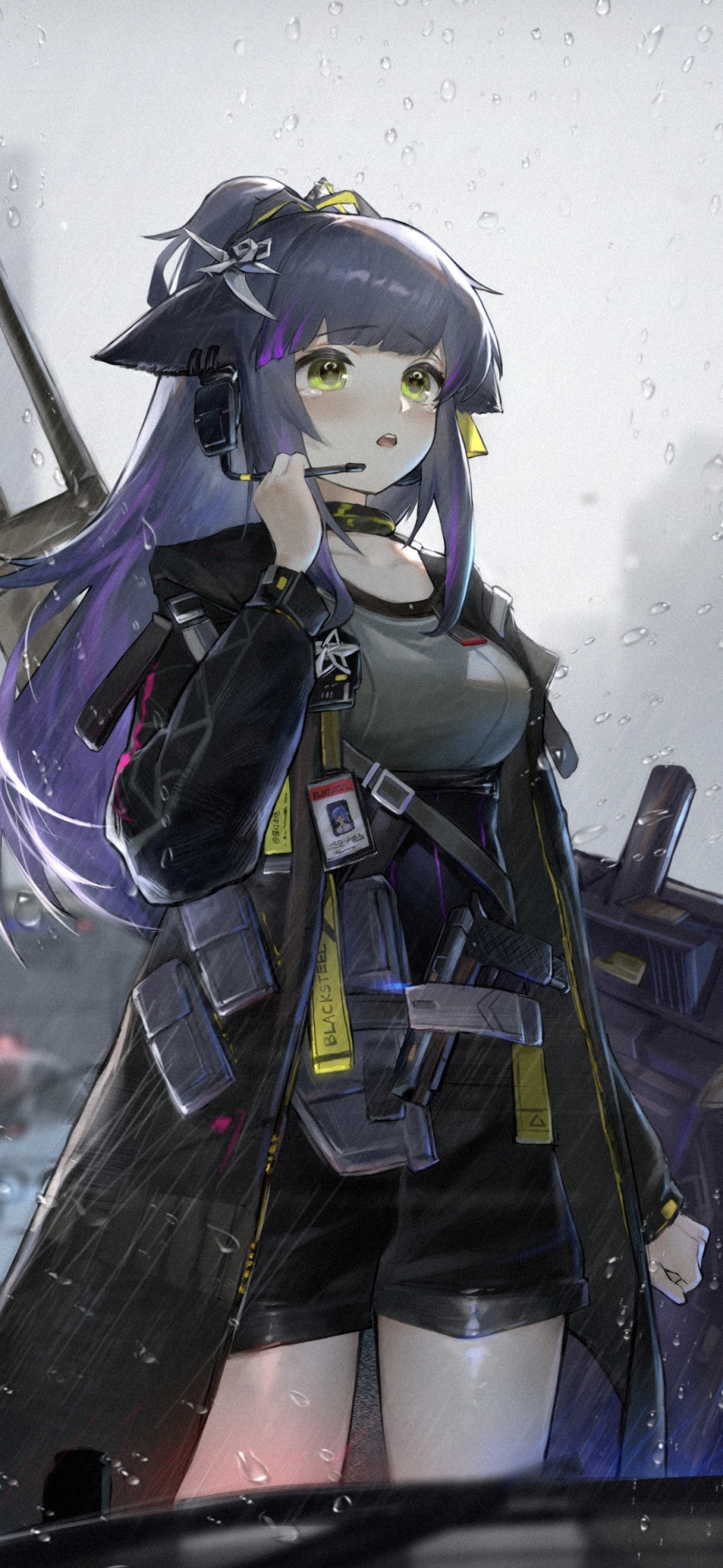 1girl ammunition_pouch animal_ear_fluff animal_ears arknights ballistic_shield belt belt_buckle belt_pouch black_belt black_choker black_coat black_hair black_hood black_pouch black_ribbon black_shorts blunt_bangs blurry blurry_background blurry_foreground breasts buckle cat_ears cat_girl choker clenched_hand coat collarbone colored_inner_hair cowboy_shot day earclip film_grain from_side green_eyes grey_shirt grey_sky gun hair_ornament hair_ribbon hand_up handgun headset high-waist_shorts high_ponytail highres holding holding_microphone holding_shield holster holstered hood hood_down hooded_coat id_card infection_monitor_(arknights) jessica_(arknights) jessica_the_liberated_(arknights) kulianrentizhong light_blush long_hair long_sleeves looking_afar looking_ahead m1911 medium_breasts microphone multicolored_hair official_alternate_costume open_clothes open_coat open_mouth outdoors ponytail pouch puffy_long_sleeves puffy_sleeves purple_hair rain ribbon sad shield shiny_clothes shiny_legwear shiny_skin shirt shorts shoulder_belt sidelocks sky sleeve_cuffs solo standing straight_hair strap streaked_hair tearing_up tears teeth thighs tongue two-tone_hair underbust upper_teeth_only very_long_hair water_drop weapon wet wet_clothes wet_hair