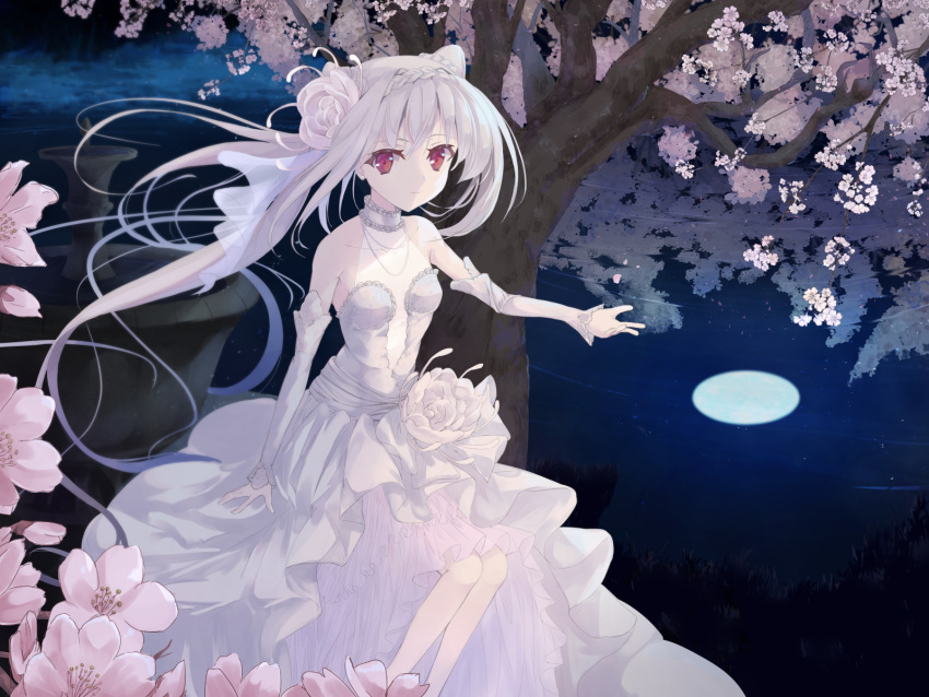 1girl alternate_costume arm_at_side bare_shoulders breasts cherry_blossoms choker closed_mouth coffee1223 colored_eyelashes commentary_request detached_sleeves dress dress_flower feet_out_of_frame floating_hair flower frilled_choker frills full_moon grey_hair hair_between_eyes hand_up highres light_smile long_dress long_hair long_sleeves looking_at_viewer moon night night_sky outdoors red_eyes reflection reflective_water ripples sakurakouji_luna sitting sky sleeveless sleeveless_dress small_breasts solo tree tsuki_ni_yorisou_otome_no_sahou very_long_hair water white_choker white_dress white_flower white_sleeves