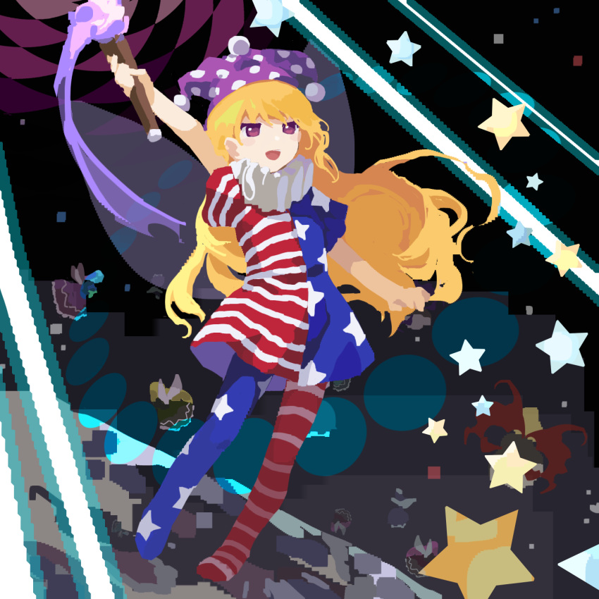 1girl american_flag american_flag_print blonde_hair clownpiece commentary_request dress fire flag_print flat_chest hat highres holding holding_torch jester_cap kaigen_1025 long_hair multicolored_clothes multicolored_dress multicolored_pantyhose neck_ruff no_shoes pantyhose polka_dot_headwear pom_pom_(clothes) purple_fire purple_headwear short_sleeves solo star_(symbol) star_print torch touhou violet_eyes