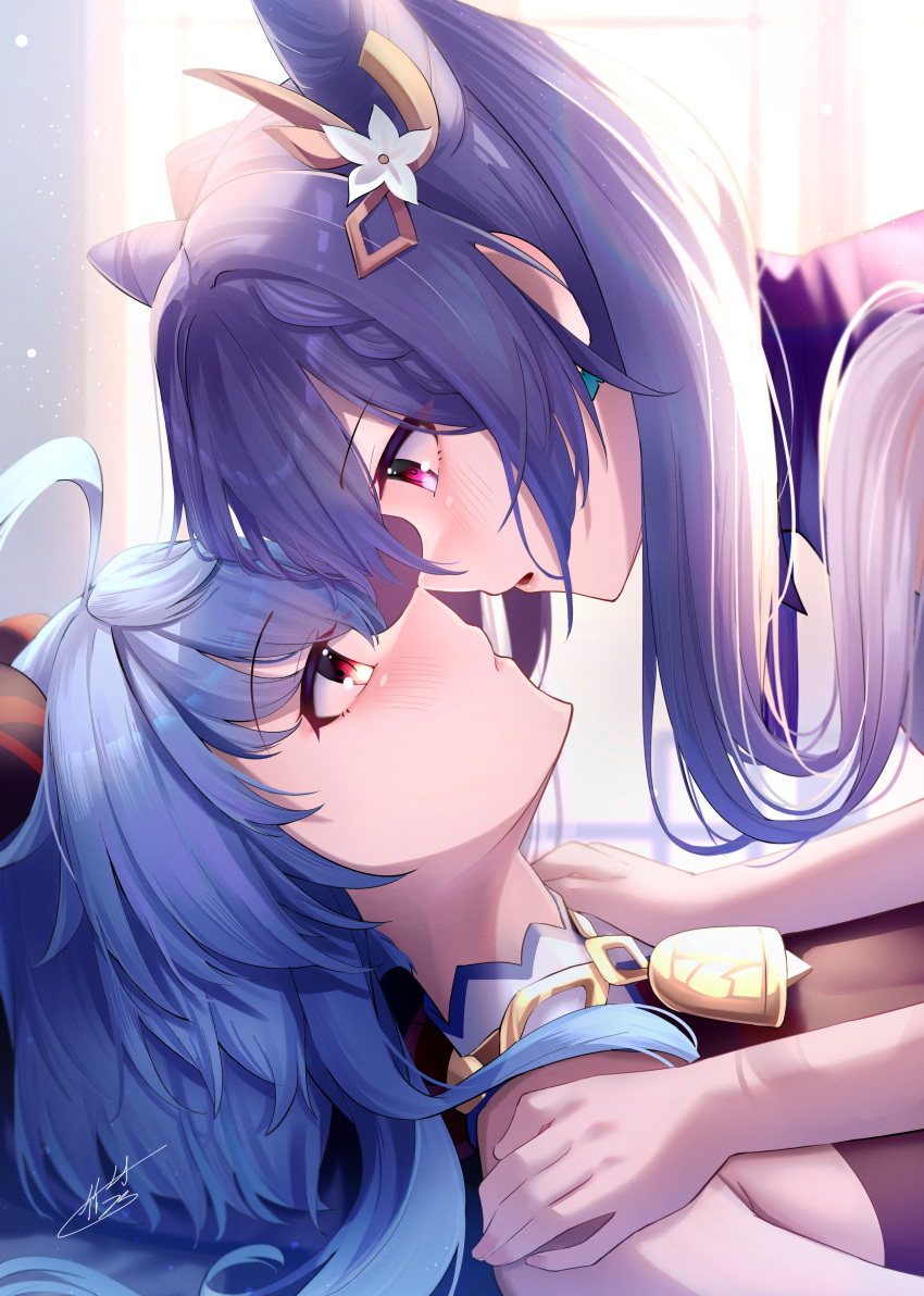 2girls absurdres ahoge bell blue_hair blush braid closed_mouth cone_hair_bun double_bun ganyu_(genshin_impact) genshin_impact goat_horns hair_bun hair_ornament highres horns imminent_kiss keqing_(genshin_impact) long_hair looking_at_another lying multiple_girls neck_bell no_gloves parted_lips pink_eyes purple_hair sunlight takemura_kou twintails yuri