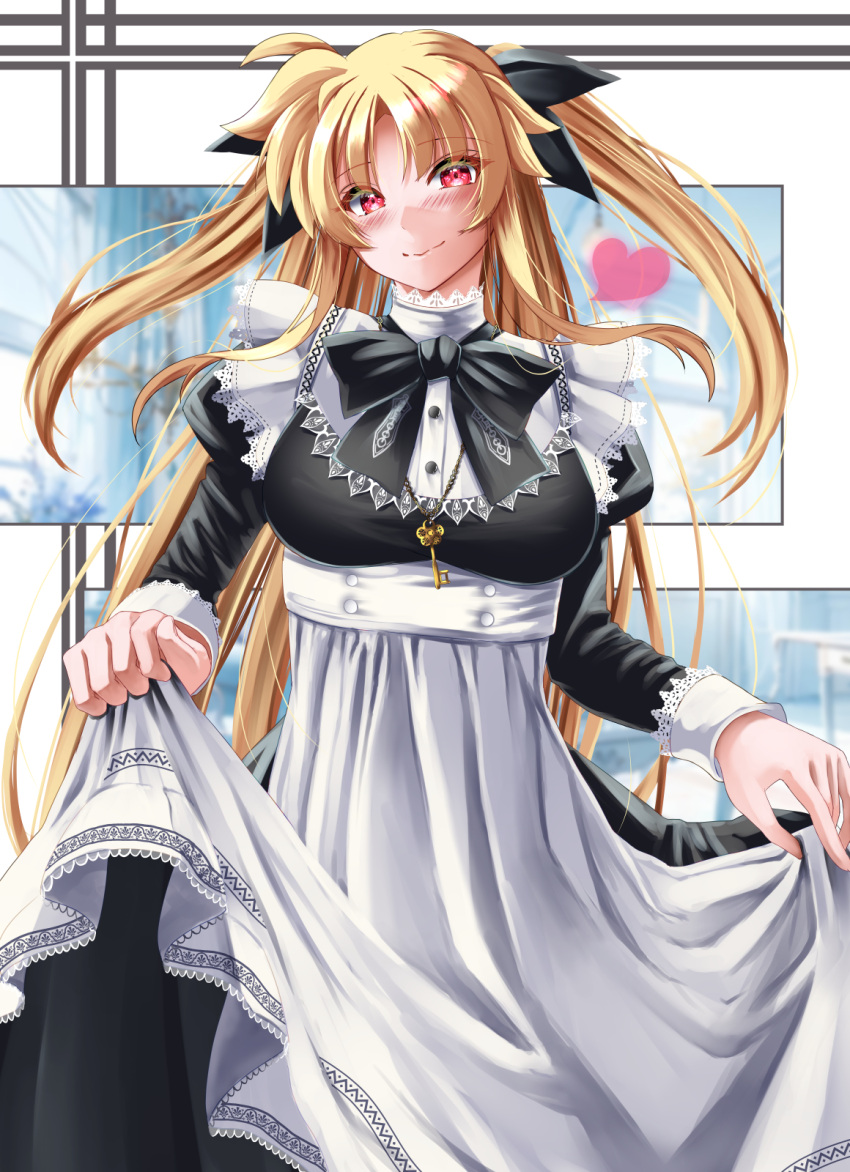 1girl alternate_costume apron apron_hold black_bow black_bowtie black_shirt black_skirt blonde_hair bow bowtie closed_mouth enmaided fate_testarossa floating_hair hair_bow head_tilt highres long_hair long_skirt long_sleeves looking_at_viewer lyrical_nanoha mahou_shoujo_lyrical_nanoha_strikers maid red_eyes shirt skirt smile solo sougetsu_izuki standing twintails very_long_hair white_apron