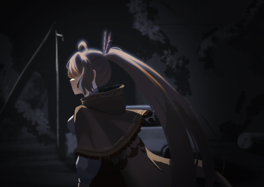 1girl ahoge backlighting brown_capelet brown_cloak brown_hair cape capelet cloak dim_lighting double-parted_bangs forest from_side glowing hair_over_eyes highres hololive hololive_english hood hooded_cloak monochrome_background multicolored_hair mumei_(song)_(hololive) nanashi_mumei nanashi_mumei_(1st_costume) nature necester no_eyes shirt streaked_hair virtual_youtuber white_shirt
