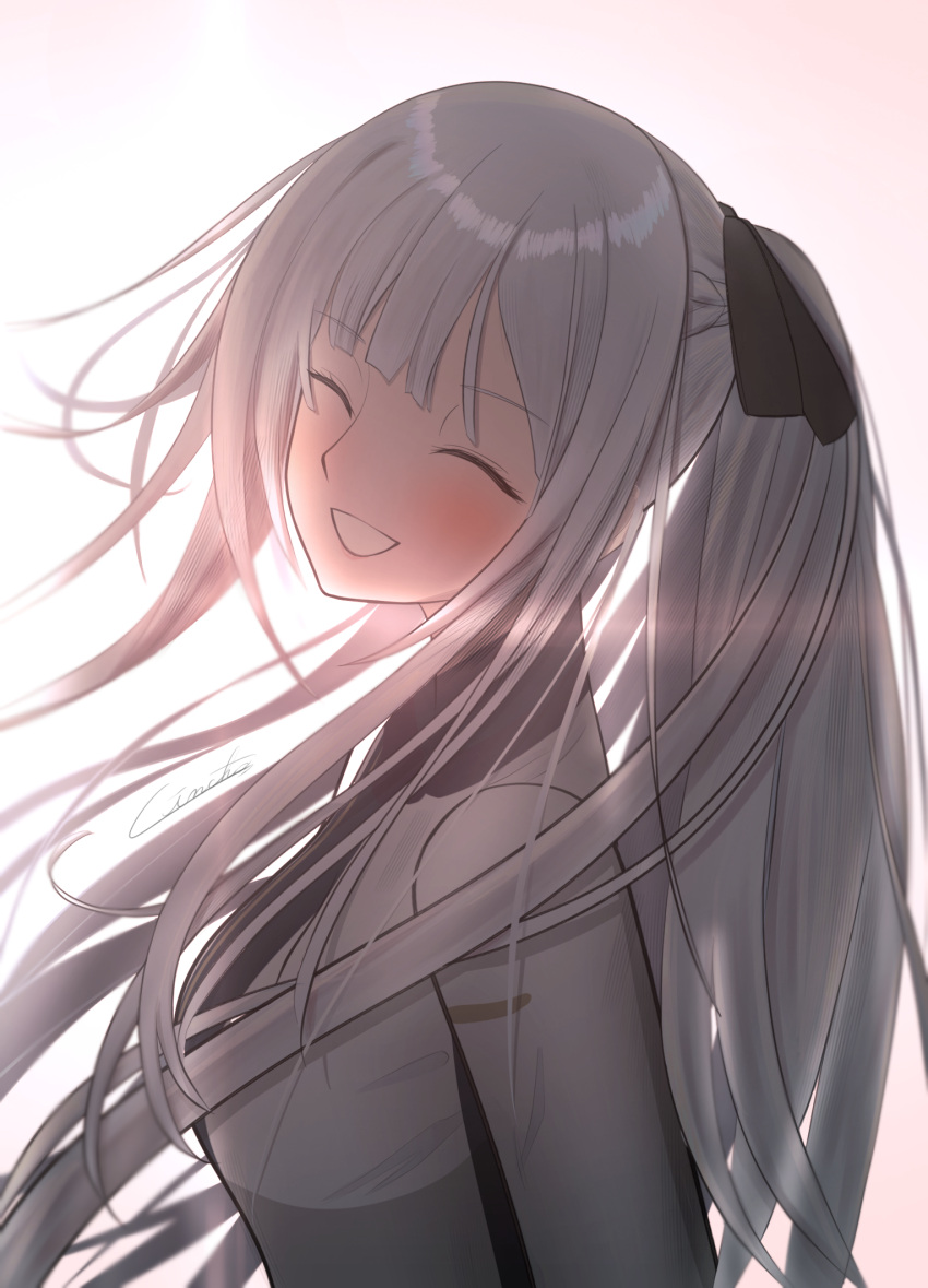1girl ak-12_(girls'_frontline) artist_name blush braid breasts closed_eyes french_braid gincho girls_frontline grey_hair hair_ribbon highres jacket long_hair long_sleeves medium_breasts open_mouth ponytail ribbon simple_background smile solo upper_body white_jacket