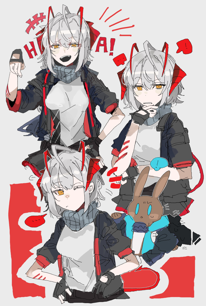 1girl :d absurdres amiya_(arknights) arknights closed_mouth fingerless_gloves gloves grey_background grey_gloves grey_jacket hand_on_own_chin highres horns jacket looking_at_viewer multiple_views notice_lines odmised one_eye_closed open_clothes open_jacket orange_eyes rabbit red_horns shirt short_sleeves simple_background sketch smile teeth upper_teeth_only w_(arknights) white_hair white_shirt