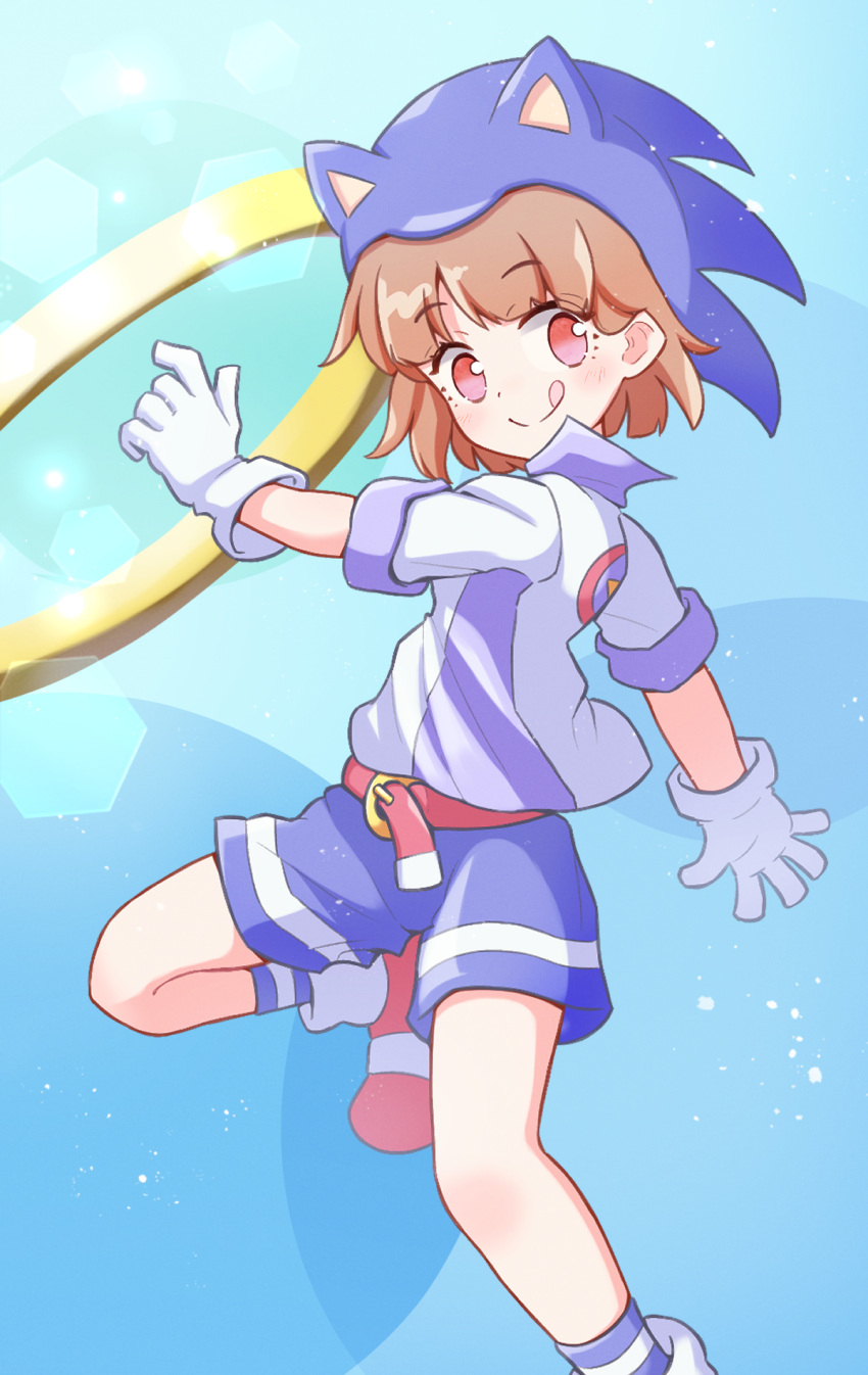 1girl atari_(puyopuyo) blue_background blue_headwear blue_shorts blue_socks cosplay gloves gold_ring highres jazz_grace licking_lips looking_at_viewer puyopuyo puyopuyo_quest red_eyes red_footwear shirt short_hair short_sleeves shorts smile socks solo sonic_(series) sonic_the_hedgehog sonic_the_hedgehog_(cosplay) tongue tongue_out white_gloves white_shirt