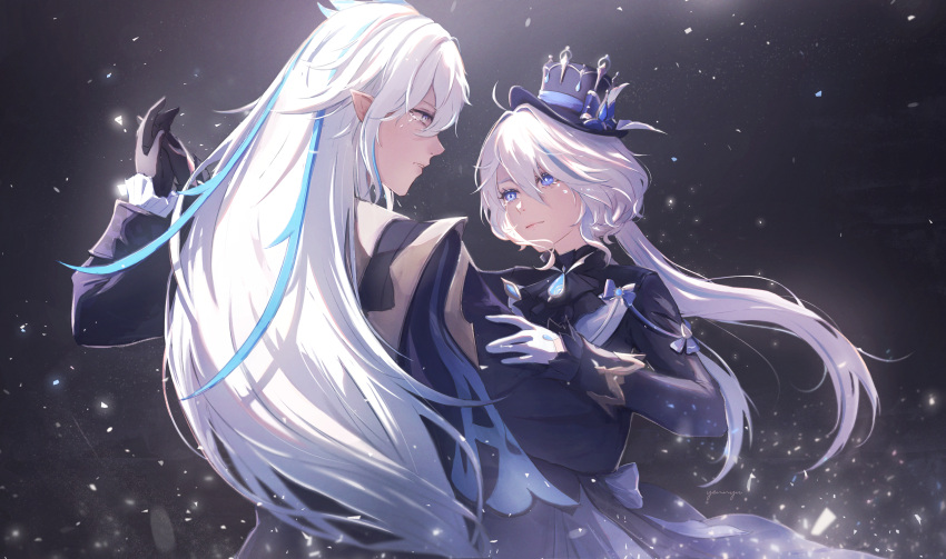 1boy 1girl absurdres asymmetrical_gloves black_gloves black_headwear black_jacket blue_eyes blue_hair brown_eyes couple dancing eye_contact floating_hair furina_(genshin_impact) genshin_impact gloves hair_between_eyes highres jacket long_hair long_sleeves looking_at_another low_twintails mismatched_gloves multicolored_hair neuvillette_(genshin_impact) streaked_hair tears twintails upper_body very_long_hair white_gloves white_hair yennyu