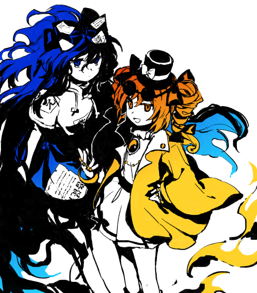 2girls blue_eyes blue_hair blue_skirt bow brooch closed_mouth coat commentary_request dress drill_hair flat_chest hair_bow hand_on_own_hip hat hat_ribbon highres hood hoodie jewelry kaigen_1025 long_hair long_sleeves multiple_girls open_clothes open_coat open_mouth orange_eyes orange_hair partially_submerged ribbon short_sleeves siblings simple_background sisters sketch skirt smile touhou twin_drills white_background yellow_brooch yellow_coat yorigami_jo'on yorigami_shion