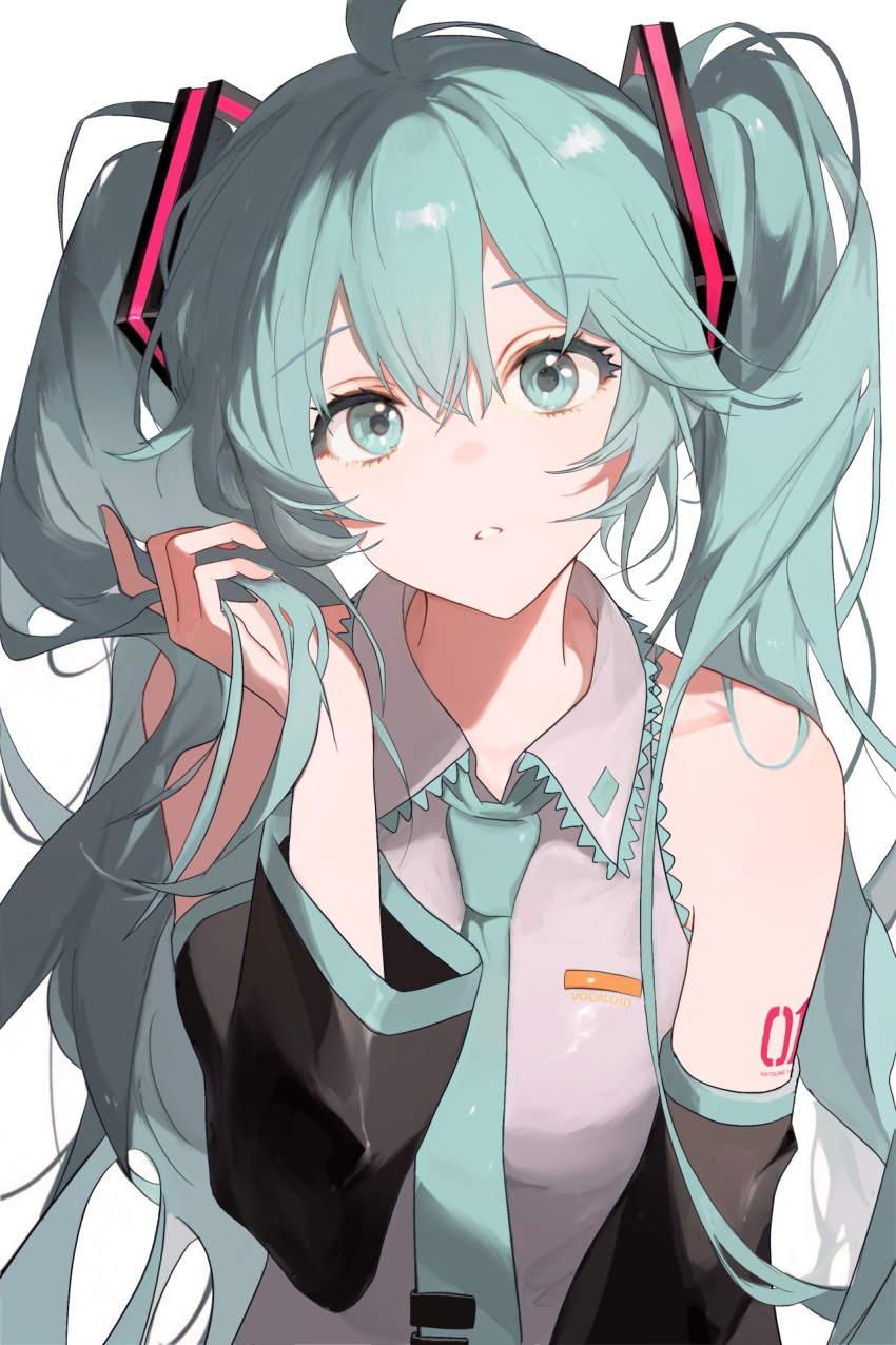 1girl ahoge aqua_necktie aqua_trim arm_tattoo black_sleeves blue_eyes blue_hair breast_pocket collared_shirt commentary detached_sleeves english_commentary grey_shirt hair_between_eyes hair_ornament hatsune_miku highres holding holding_hair long_hair long_sleeves looking_at_viewer necktie number_tattoo parted_lips pocket shirt sleeveless sleeveless_shirt solo tattoo twintails upper_body very_long_hair vocaloid wing_collar