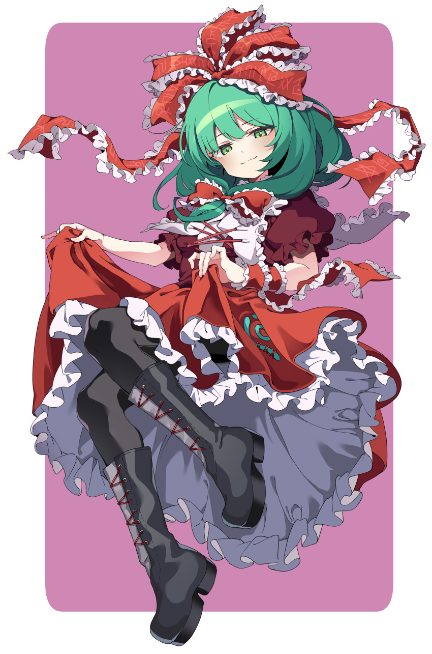 1girl absurdres black_footwear black_pantyhose boots closed_mouth commentary_request commission dress frilled_ribbon frilled_skirt frills front_ponytail full_body green_eyes green_hair hair_ribbon highres kagiyama_hina long_hair looking_at_viewer manarou pantyhose puffy_short_sleeves puffy_sleeves red_dress ribbon short_sleeves skeb_commission skirt skirt_hold smile solo touhou wrist_ribbon