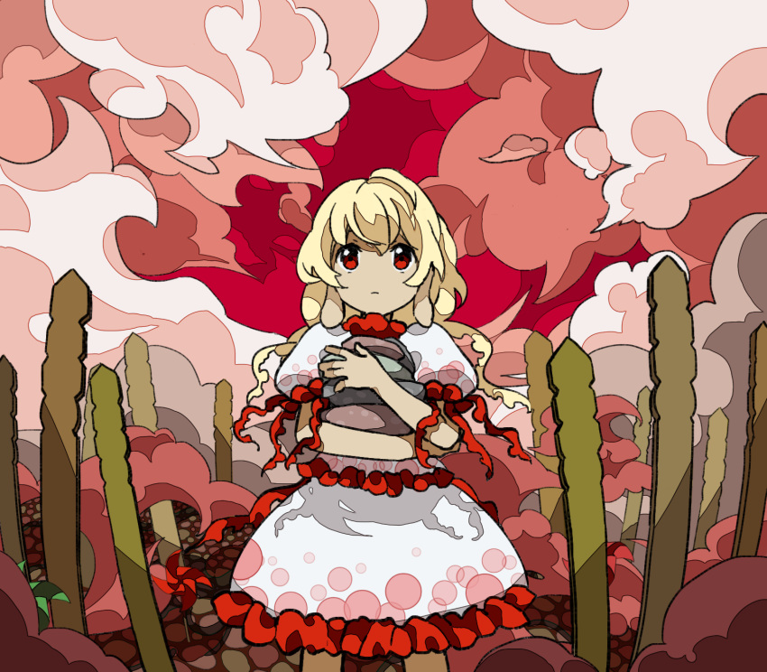 1girl blonde_hair closed_mouth clouds commentary_request cowboy_shot ebisu_eika frilled_skirt frills highres holding_rock kaigen_1025 long_earlobes long_hair no_nose outdoors puffy_short_sleeves puffy_sleeves red_eyes red_sky shirt short_sleeves skirt skirt_set sky solo touhou white_shirt white_skirt