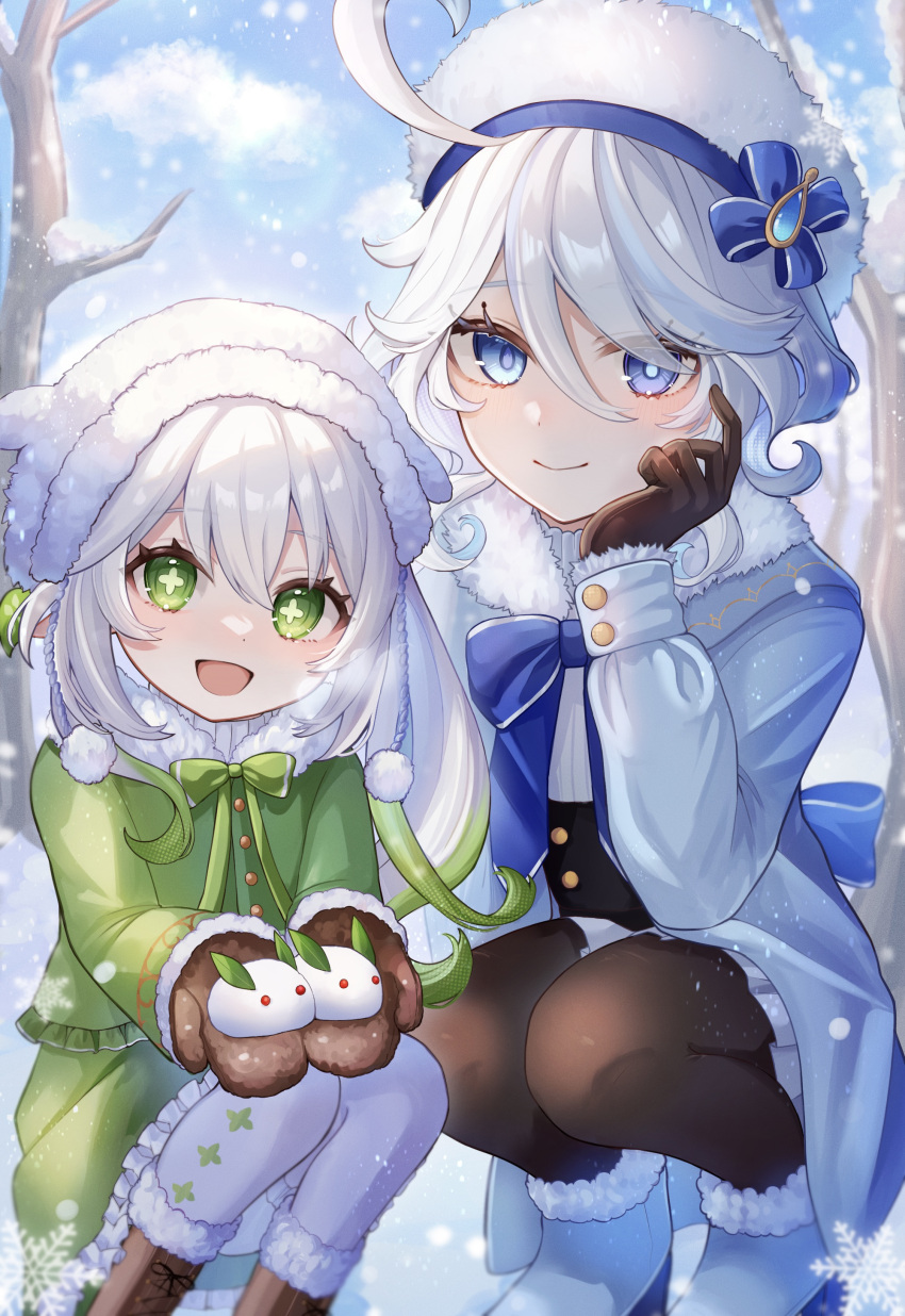 2girls absurdres blue_eyes blue_hair blush brown_footwear brown_gloves brown_pantyhose closed_mouth commentary_request cross-shaped_pupils feet_out_of_frame furina_(genshin_impact) genshin_impact gloves gradient_hair green_eyes green_hair green_jacket hair_between_eyes hand_on_own_cheek hand_on_own_face heterochromia highres jacket long_hair mokankan multicolored_hair multiple_girls nahida_(genshin_impact) open_mouth outdoors pantyhose snow snow_rabbit snowfall squatting symbol-shaped_pupils tree white_hair white_headwear winter winter_clothes winter_gloves
